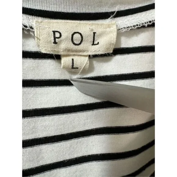 POL women’s black white stripe short sleeve v-neck tunic top size Large #35-0886 - Picture 3 of 5